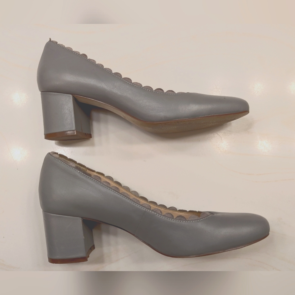 Nine West Pale Scalloped Gray Leather Women's Block Heel Shoes ~ Sz 7